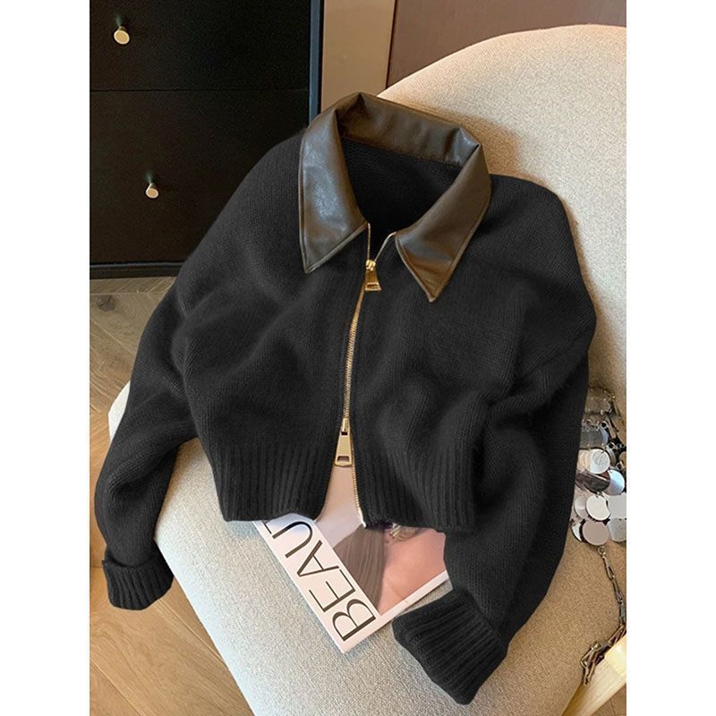 Spliced Leather Collar Knit Sweater Fashion Double Zipper Cardigan Women's Autumn/Winter Soft Vintage Long Sleeve Streetwear