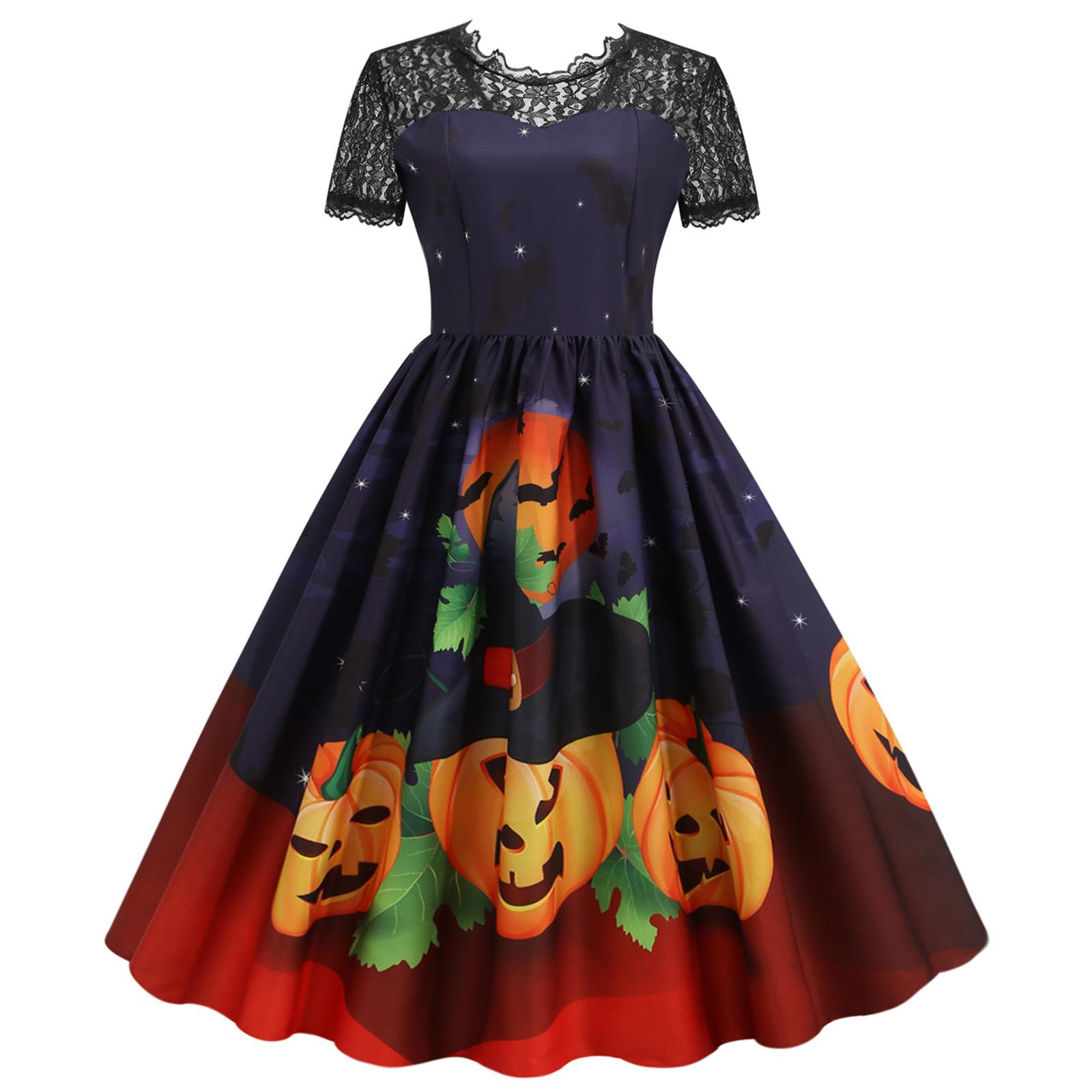 

Women s Hepburn-Style Retro Lace Round Neck Short Sleeved Halloween Printed Dress S