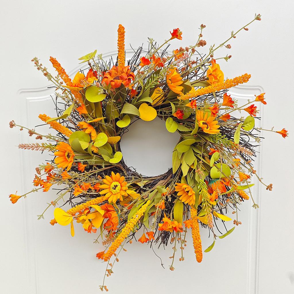 45cm Artificial Fall Wreath with Daisies Fall Leaves Rice Ear Autumn Harvest Door Wreath for Outside Festival Farmhouse