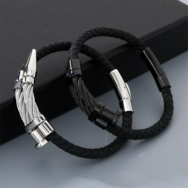 Trendy Leather & Stainless Steel Bracelet for Men Hip Hop Gold Color Cable Wristband Jewelry for Daily Wear & Party Accessory