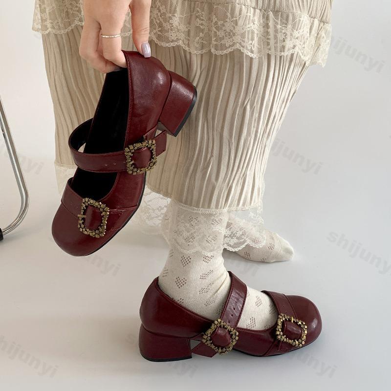Women Vintage Dress Leather Pumps 2026 New Spring Fashion Thick Heel Women Mary Jane Shoes Ladies Metal Buckle Single Shoes