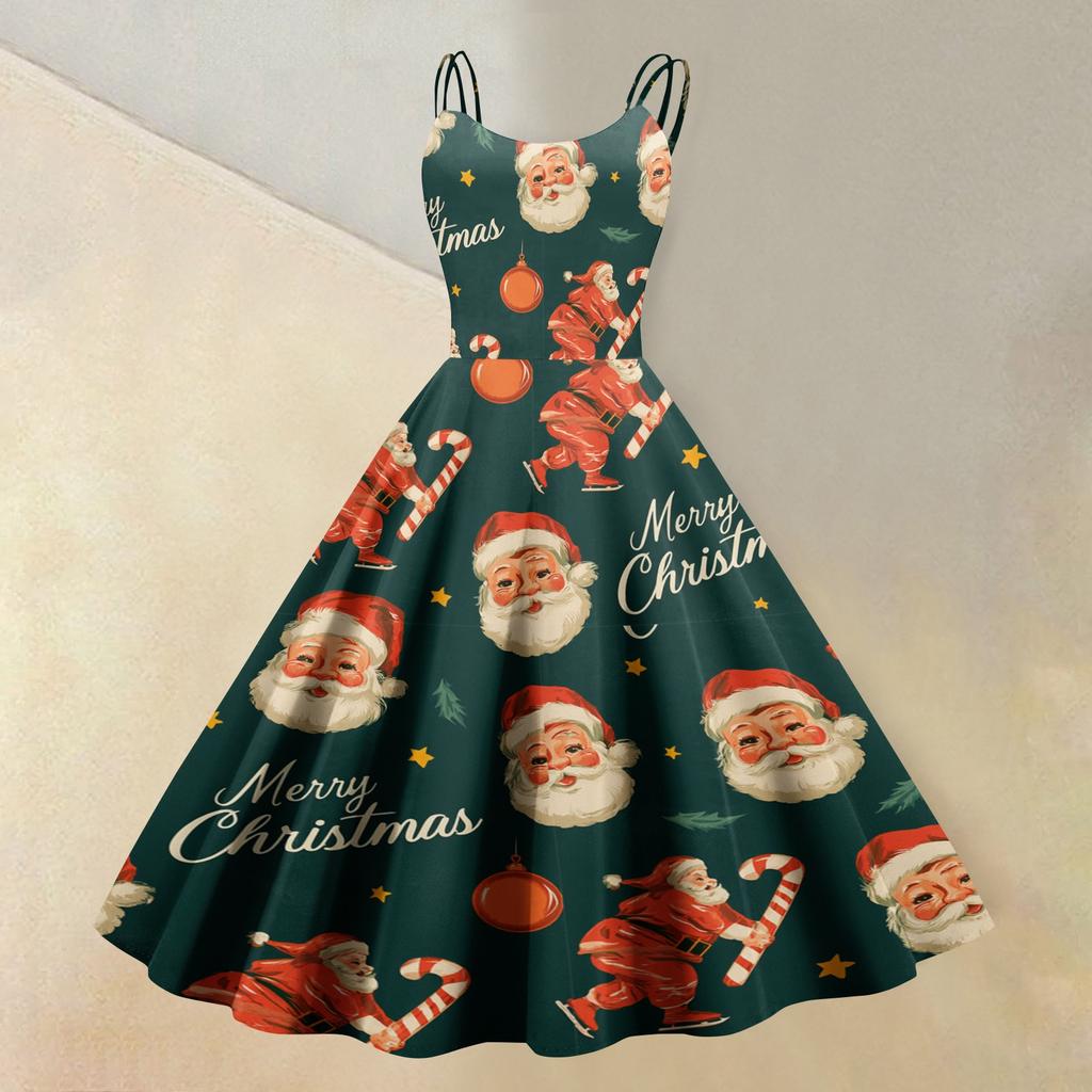 Women's Stylish Casual Sleeveless Round Neck Dress with Christmas Print for Holiday Party