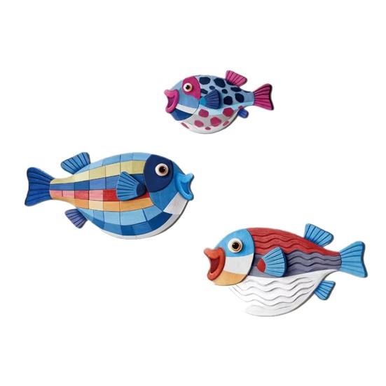 Indoor Balcony Wall Decorations 3Pcs Wooden Fish Art, Nautical Hanging Ornaments, Rustic Ocean Style Coastal Ornaments Sculpture, for Beach