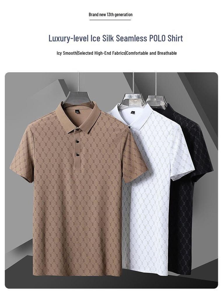 Męska letnia koszulka polo z krótkim rękawem z jedwabiu lodowego - swobodna, lekko elastyczna, z dojrzałymi klapami.