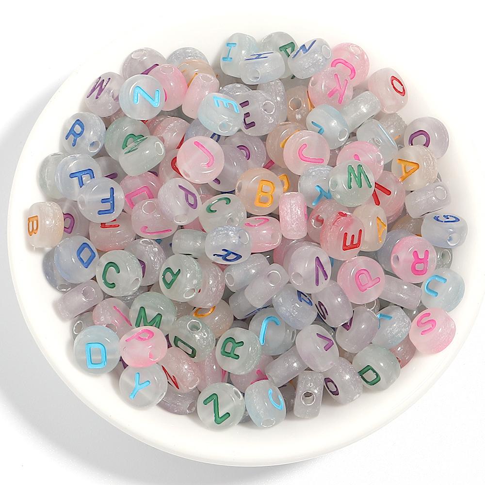 100pcs 7mm Acrylic Luminous Letter Beads Colorful Translucent Flat Round Loose Beads For DIY Jewelry Making Bracelet Accessories