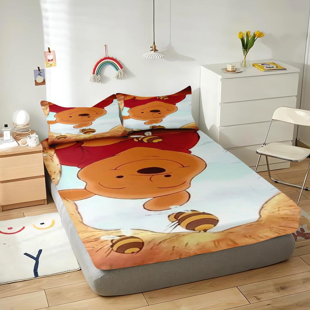 -Winnie The Pooh Fitted Sheets Cartoon Bedding Set Quilt 3D Children Cover Set King Size Covers Printed  Polyester