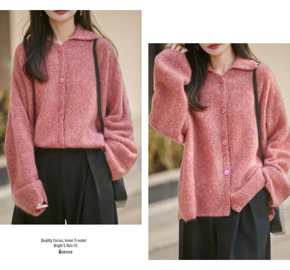 Women's Heather Yarn Polo Collar Cashmere Wool Blend Cardigan - Thick, Long Pile, Plush, Warm, Perfect for Autumn and Winter