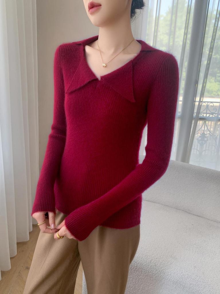 2025 Women's Slim Fit Cashmere Long Sleeve Polo Shirt: Autumn/Winter Trendy Base Layer with Thin Lapel