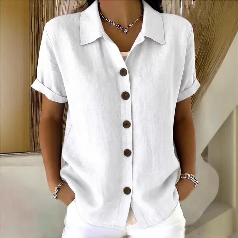 Women Blue Linen Blend Button Down Short Sleeve Casual Shirt