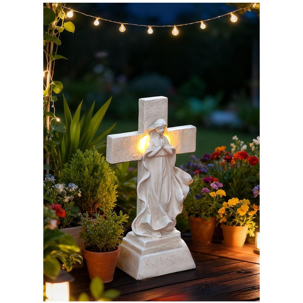 LED Solar Powered Resin Angel Cross Statue for Garden and Memorial Decor Outdoor Use Weather Resistant Material