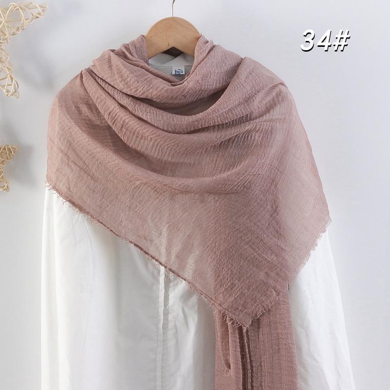 Crinkled Cotton-Linen Blend Scarf with Fringe - Solid Color, 90x180cm, Women's Headscarf