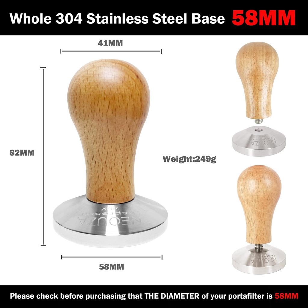 NEOUZA Espresso Coffee Tamper 58mm Flat Base Chrome Plated 304 Stainless Steel Wooden Handle Barista Bean Powder Press Fits E61 Group Machines