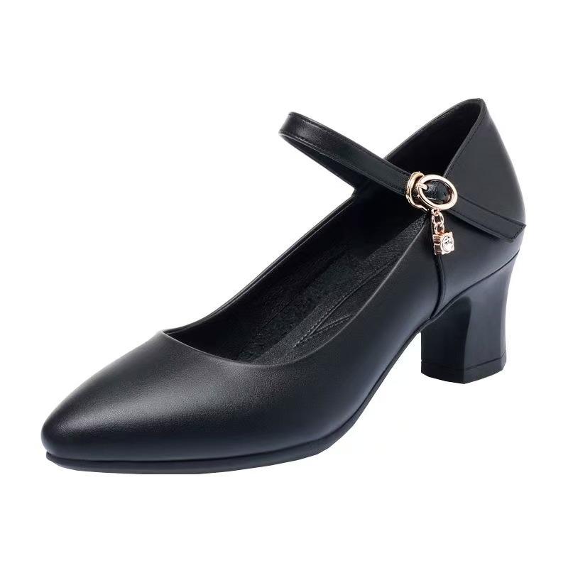 Soft Leather Mid-Heel Non-Slip Women's Shoes for Work or Dancing with Cheongsam; One-Buckle Style for Middle-Aged Women