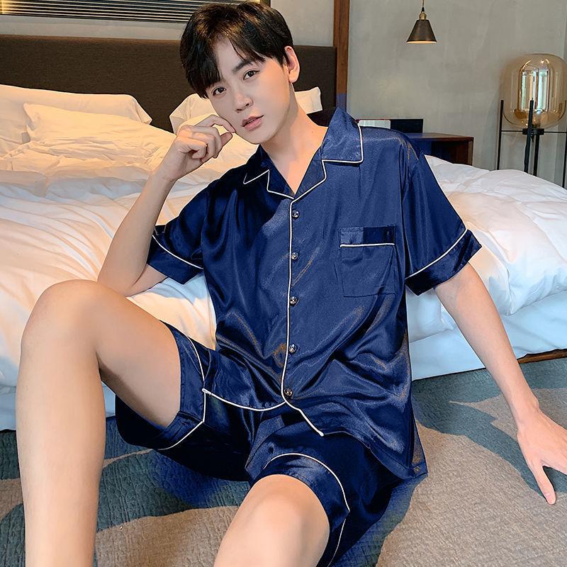 2025 Spring Men's Solid Color Ice Silk Cardigan Pajama Set - Short Sleeve & Shorts