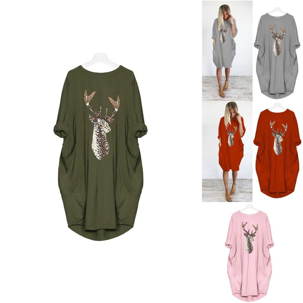 Women's Christmas Deer Pattern Printed Round Neck Dress With Full Sleeves And Stylish Design