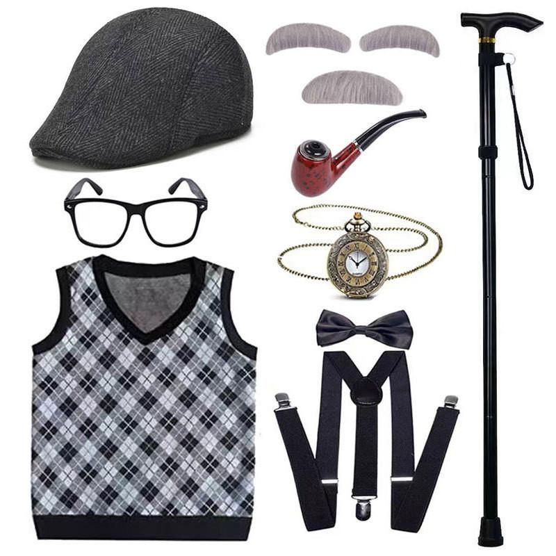 Disfraz de abuelo premium con peluca, chaleco elegante y accesorios para niños y adultos.