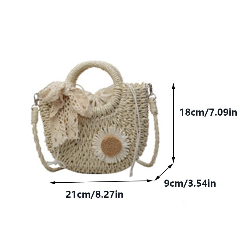 Yogodlns Women Straw Summer Beach Small Drawstring Shoulder Bag Fashion Woven Floral Decor Travel Half-moon Crossbody Bag