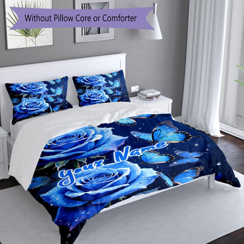 3PC Custom Name Blue Roses Butterflies Bedding Set Duvet Cover Closure Includes 1 Duvet Cover & 2 Pillowcases for Bedroom