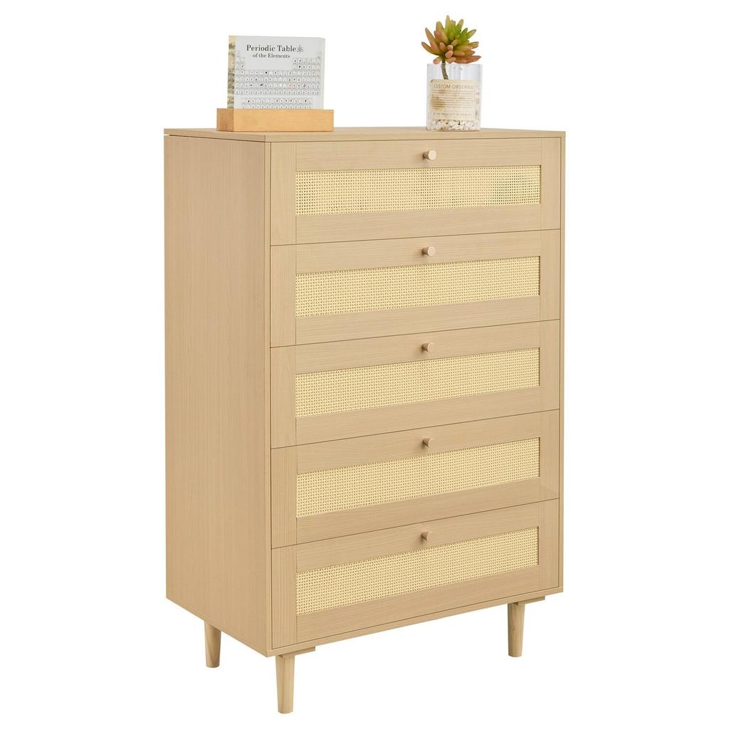 5-Schubladen Rattan Kommode, Moderne Schrankkommode für Schlafzimmer, Natürliche Rattan Kommode mit Metallgriffen & Holzbeinen, Kleideraufbewahrungskommode
