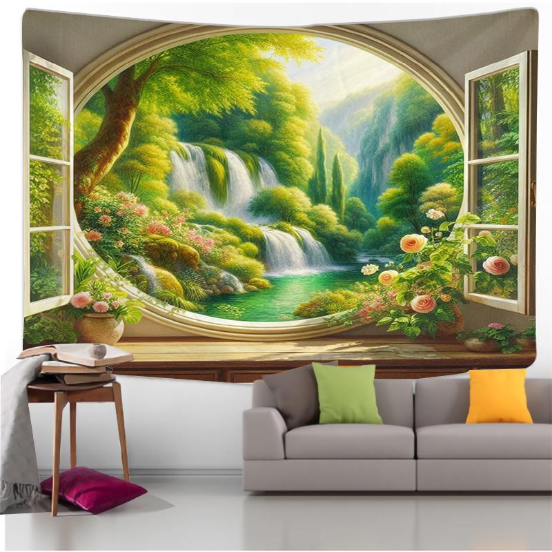 Landscape From Window Tapestry, Aesthetic Hanging Tapestry Bedroom Office Living Room Home Decor, Wall Decoration