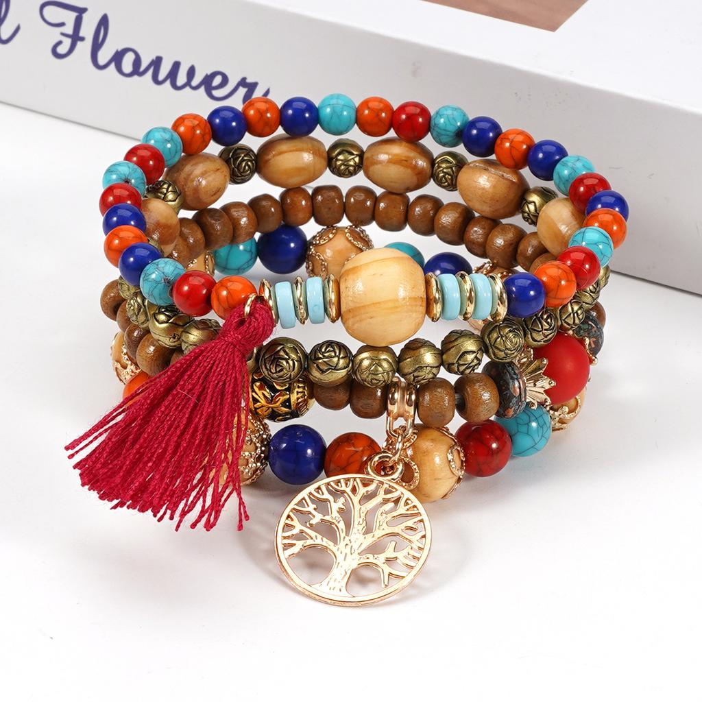 Wooden Bead Chain Combination Bracelet Alloy Rose Handmade Elegant Trendy Fashion HY-2774