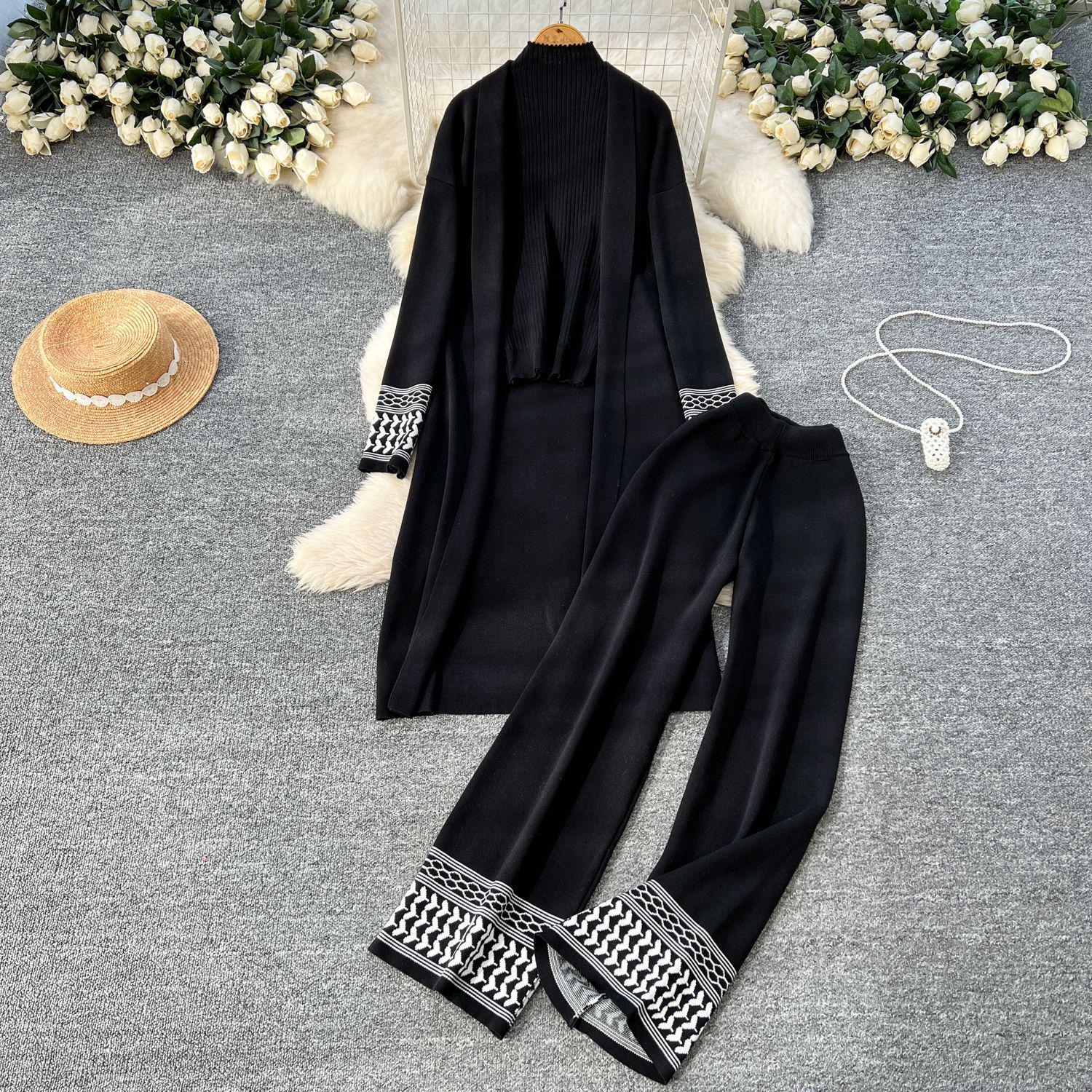 

European Cross-Border Casual Knitwear Set: Women s Autumn/Winter Vest, Sweater Cardigan & Wide-Leg Pants 3-Piece One Size