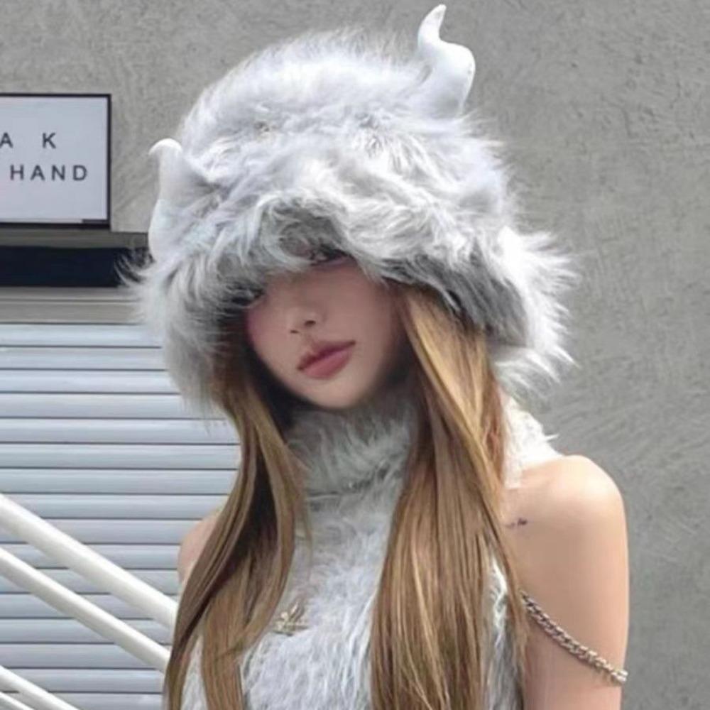 Big Black Fluffy Women's Hat Men's and Women's Winter Horn Ears Windproof and Cold Cycling Cute Cow Head Warm Plush Hat