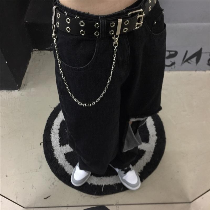 Hip Hop Chain Tassel Belts Punk Studded Pin Buckle PU Belt Y2K Unisex Black Casual PU Jeans Pants Belt For Women Men