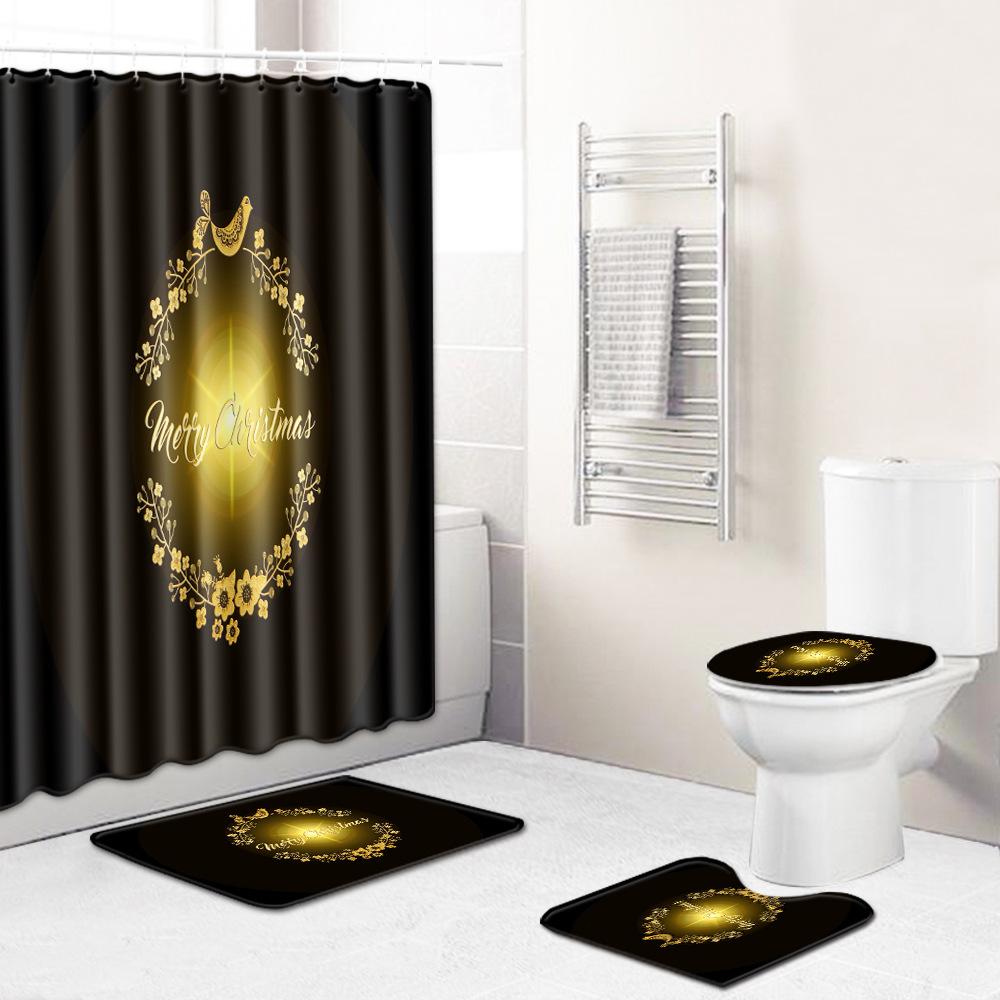 Christmas Elements Bathroom Shower Curtain Floor Mat Toilet Cover Foot Mat Four-Piece Pattern Size
