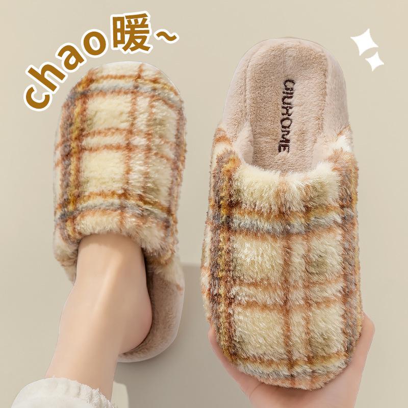Retro plaid cotton slippers autumn and winter 2025 new indoor home home thick bottom plush warm