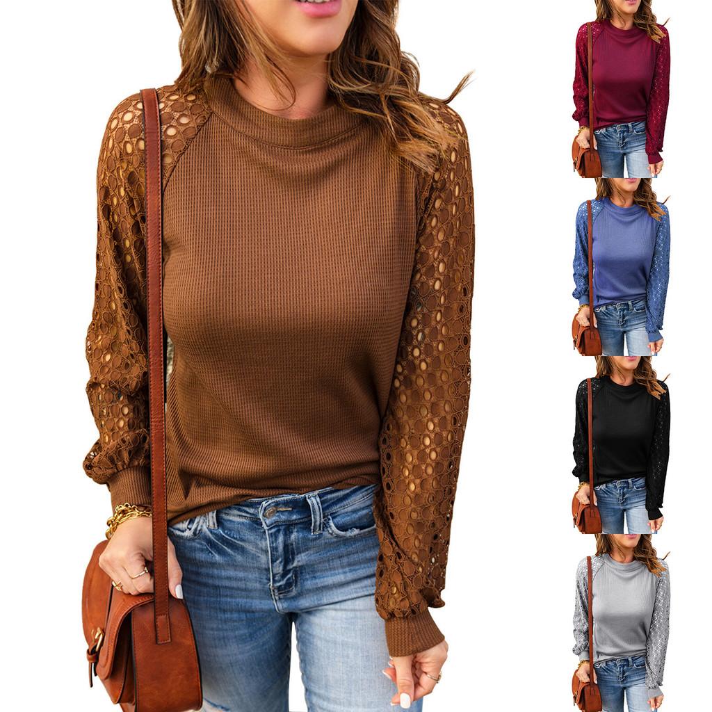 Elegant Long Sleeve T Shirt For Women With Lace Patching Polyester Splicing For Winter Wear