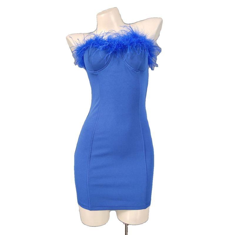 Export Single Fashion Slim Fit Slimming Sheath Commuting Style Dress Feather Patchwork Design Dress Tube Top Short Skirt Chest Pad