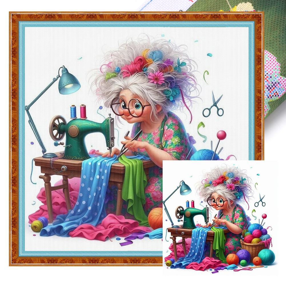 Full Embroidery Eco-cotton Thread 11CT Printed Old Lady Cross Stitch Kit Art