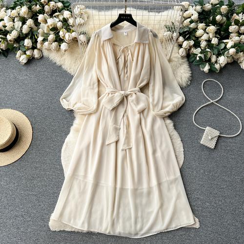 Francouzské šik Maxi šaty pro ženy Sklopný límec Lucerna Rukáv Šněrovací Dámské letní šaty Dámské Vestidos Dropship