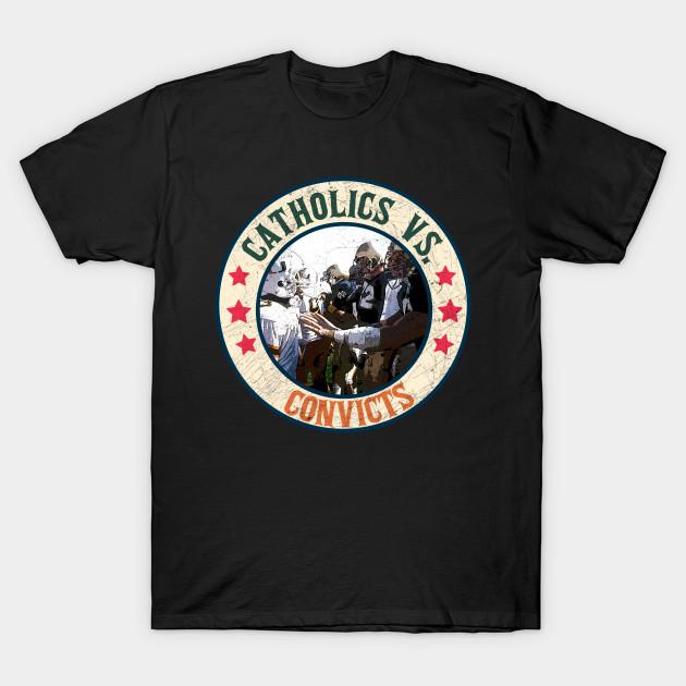 

Men Black Print T-shirt Catholics Vs. Convicts Retro Distressed Style 1988 Football Game No-Cut Transfer Paper Print Cotton Tshirt 3XL чорний