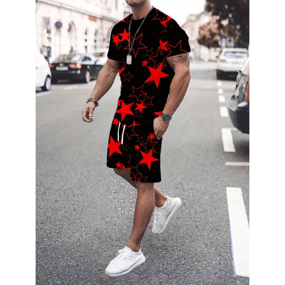 The latest 3D five-pointed star print style street men s set for the summer of 2025 is trendy and fashionable comfortable S