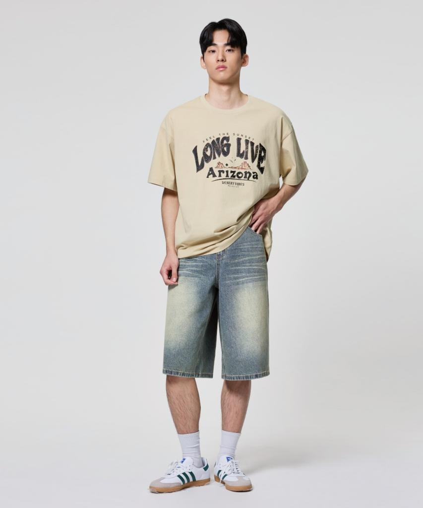 AGOD Arizona Camping Lettering Short Sleeve T-Shirt [Light Beige]