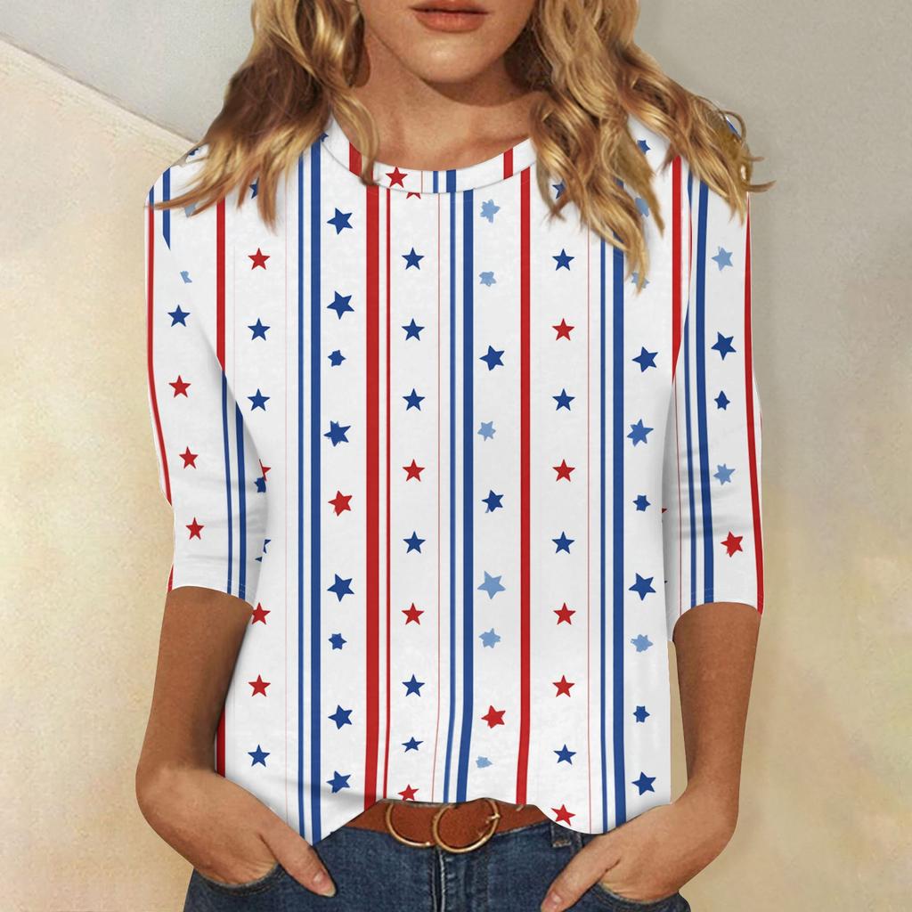 T-shirt Top Décontracté Tendance pour Femme Imprimé Drapeau Américain et Étoiles Fête de l'Indépendance Manches Trois-Quarts Col Rond