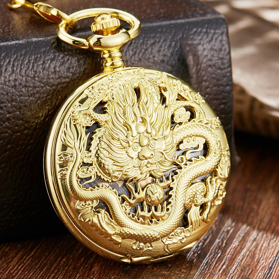 Luxury Golden Dragon Mechanical Fob Clock Phoenix Hollow Sculpture Mechanical Skeleton Pocket Watches Men Chain Wedding Gifts