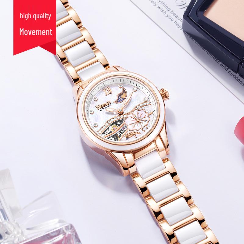 Montre Mécanique Automatique pour Femme NESUN - Élégante, Lumineuse, Étanche, Design Squelette pour Cadeau de Saint-Valentin