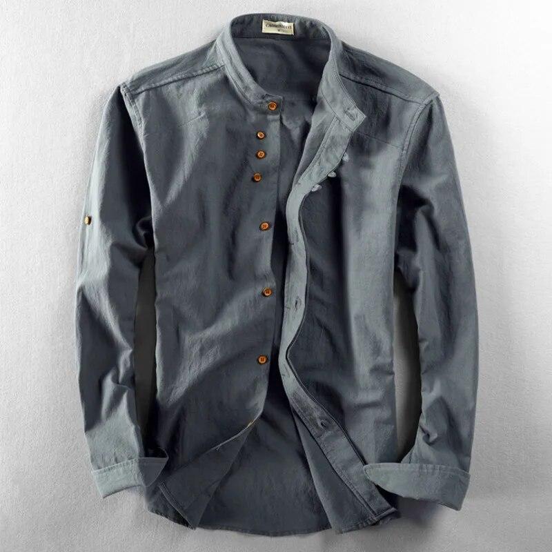 

Autumn Men s Casual Linen Shirt Chinese Style Stand-up Collar 7XL темно-сірий колір