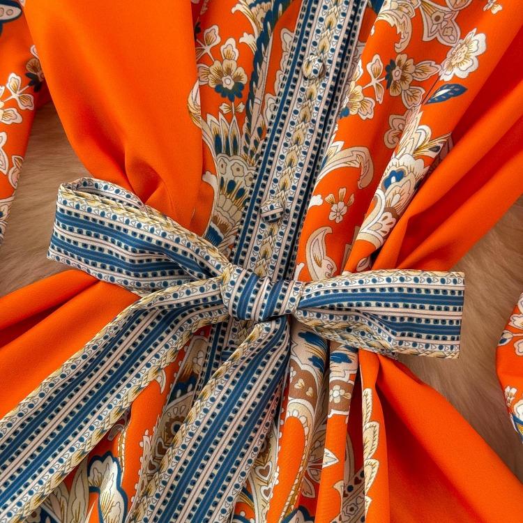 Elegante Vintage Bloemrijke Maxi Jurk Dames Lange Mouw Geplooide Jurk met Vetersluiting Hoge Kraag Enkele Rij Knopen Lente Herfst Jurken