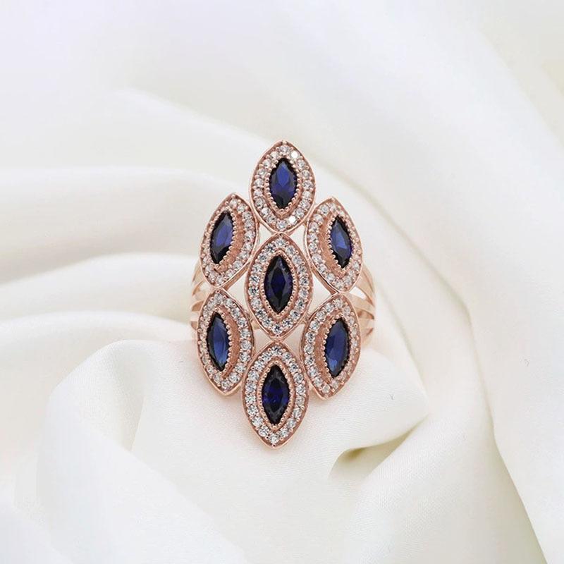 Russian 585 Purple Gold Sapphire Ring Set With Zircon Rose Gold Blue Rhombus Ring adjustable open band