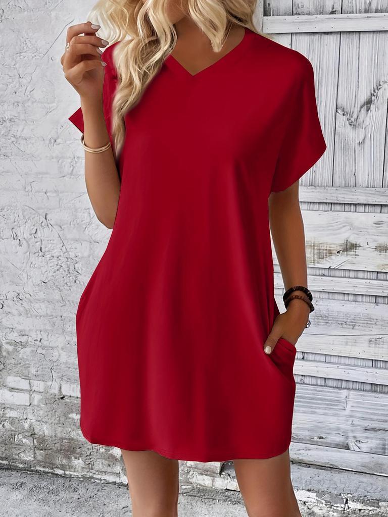 2024 Women's Solid Color Round Neck Loose Short Sleeve Pocket Dress - Spring/Summer Collection