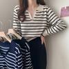New Autumn Women's New Polo Collar Striped Long-sleeved Knitted Sweater Loose Casual Age Reduction