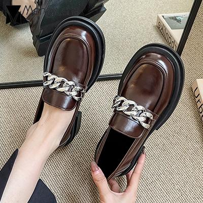 Fashion Brand Metal Chain Oxford Shoes Woman Thicken Soled Platform Flats Ladies Big Toe Loafers Girl Preppy Bullock Derby Creepers