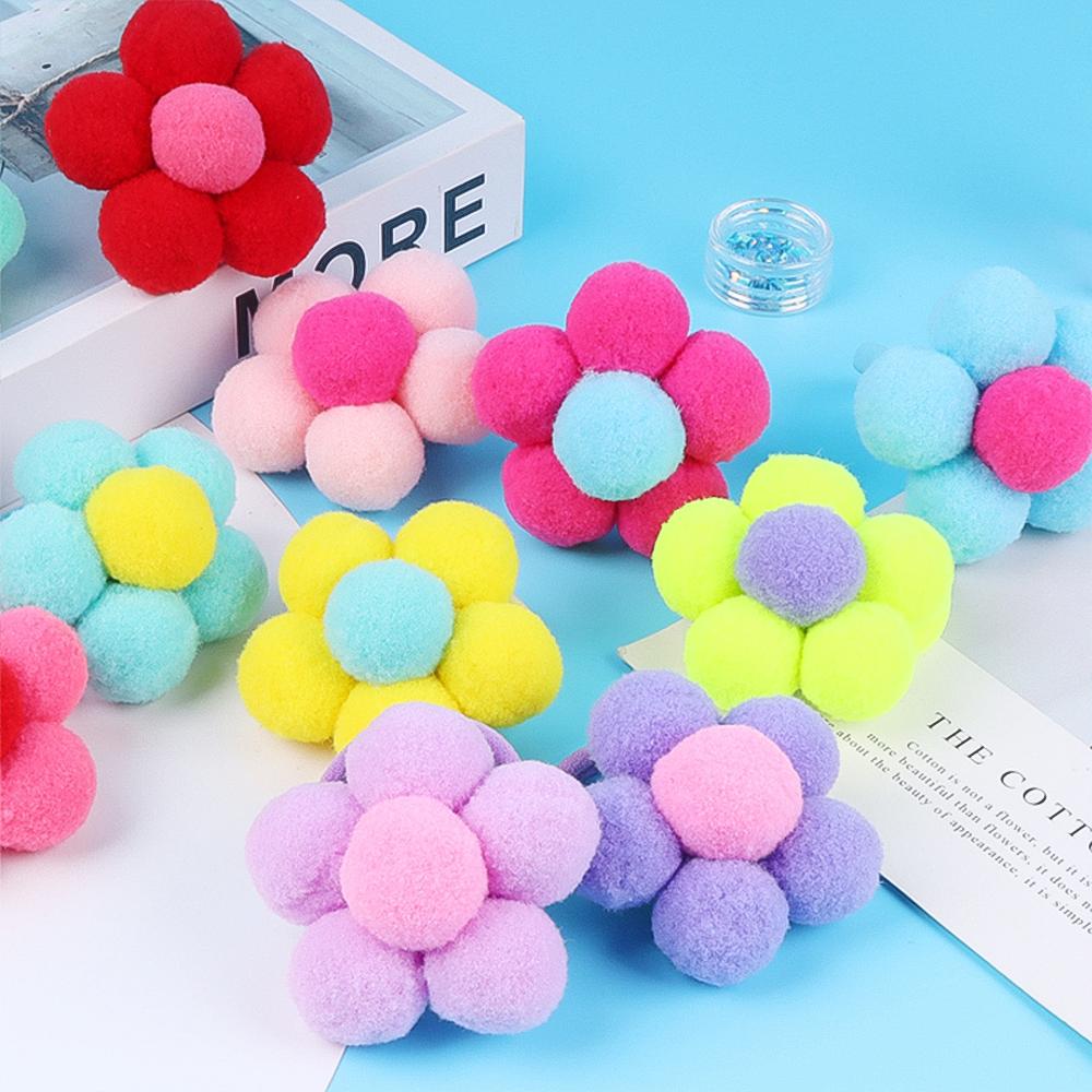 2pcs New Fur Flower Elastic Girl Womens Ponytail Holders Plush Ball Hair Ring Elastic Hair Rope Hair Tie Accessories Pompom