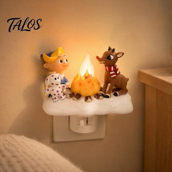Warm Twinkling Christmas Decor Night Light, Santa Claus Grandma Bonfire Resin LED Lamp Holiday Nursery for Bedroom, Plug-in Festive Ambient
