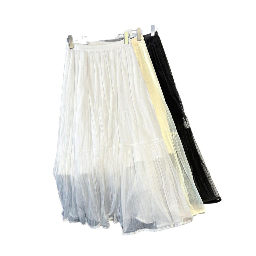 White Mesh Midi Skirt for Women - Elegant High Waist Drape Gentle Style