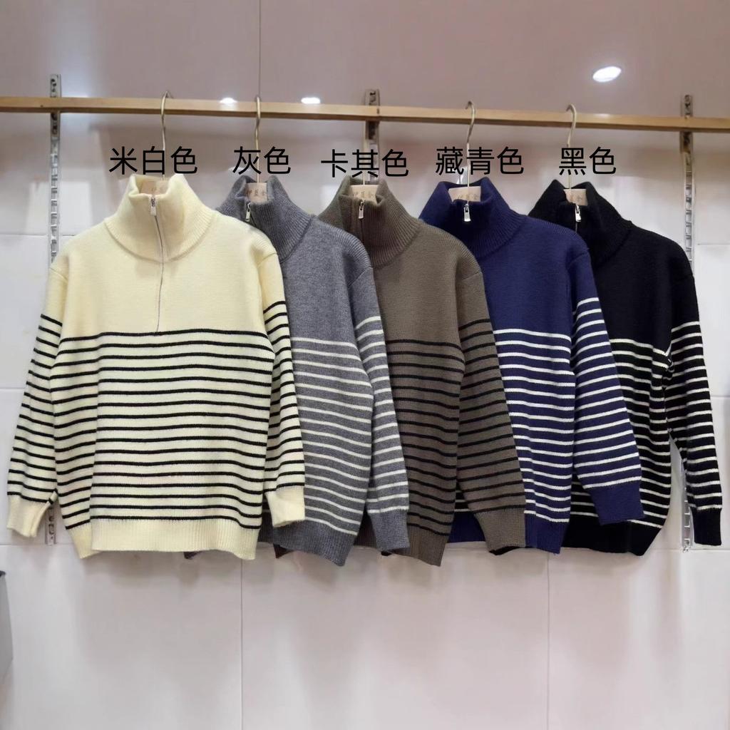 Autumn and Winter New Loose Casual Sweater Women's Semi-zipper Pullover Striped Knitted Sweater Top